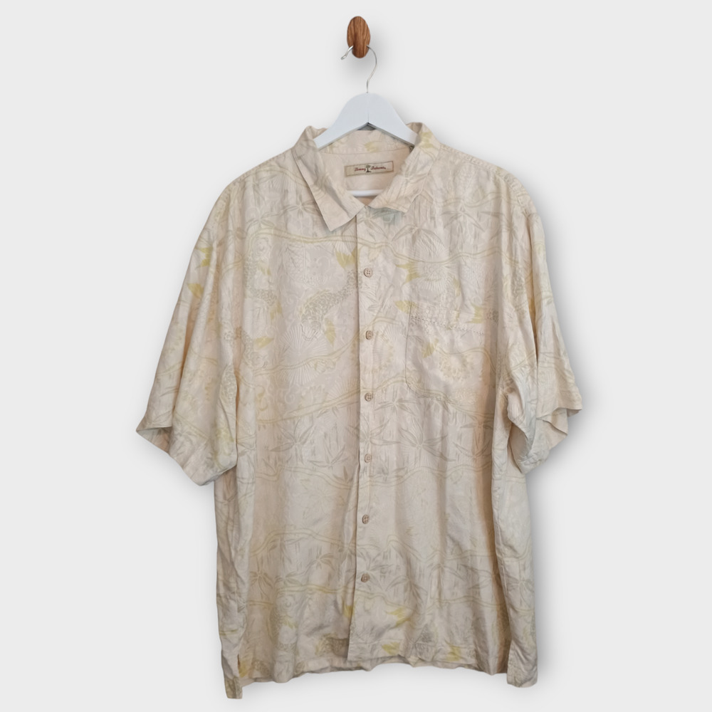 Tommy Bahama Shirt Mens XL Yellow Hawaiian 100% Silk Floral Fish Print Button Up
